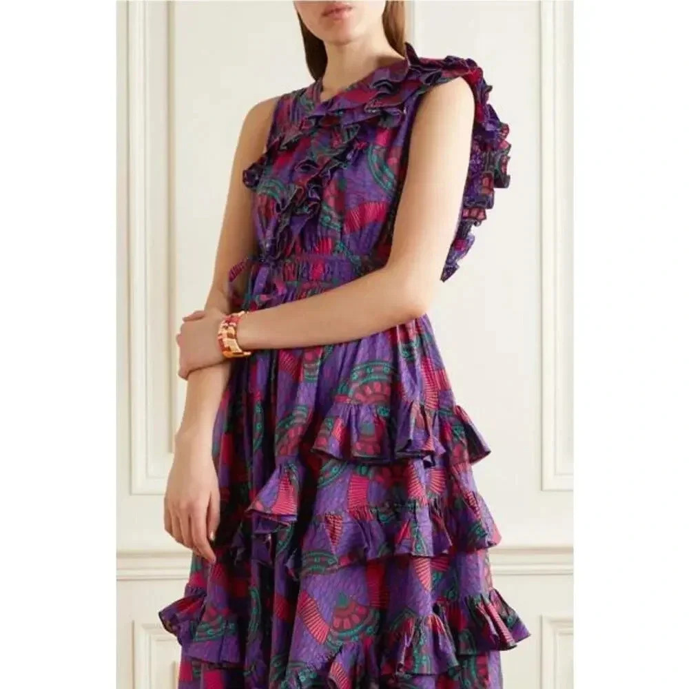NWT Ulla Johnson IMOGEN Purple Print Ruffle Asymmetrical Midi Dress Size… - Picture 11 of 16